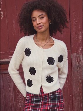 Francesca's Collections Cream Cardigan with Black Floral Appliqués